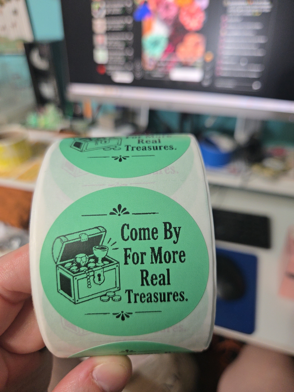 @treasureboxland Green Round Sticker Roll - "Come By For More Real Treasures"